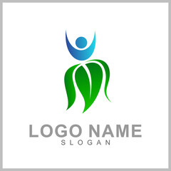 Human with leaf logo concept, medical clinic, healthy family logo, people health care and medicine vector illustration