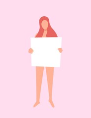 Naked girl holding a poster. Woman without clothes with a tent. Space for your message. Material for use on social networks. Vector illustration with a naked red-haired girlfriend.