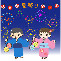 夏祭り　ヨーヨーすくい　花火　子ども　浴衣　イラスト
