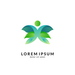 Human with leaf logo concept, medical clinic, healthy family logo, people health care and medicine vector illustration