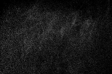 Distressed white grainy texture. Dust overlay textured. Grain noise particles. Snow effects pack. Rusted black background. Vector illustration, EPS 10.  