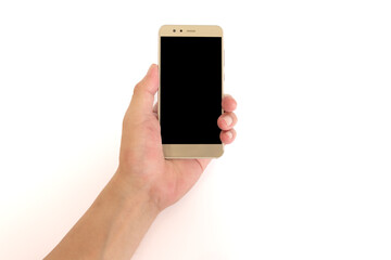 Middle aged man holding a smartphone with black screen in one hand.