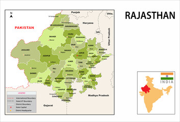 Rajasthan map. Political and administrative map of Rajasthan with districts name. Showing...