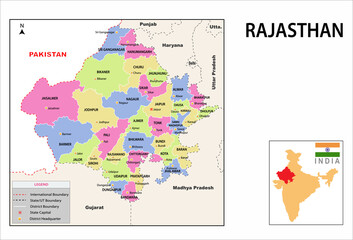 Rajasthan map. Political and administrative map of Rajasthan with districts name. Showing International and State boundary and district boundary of Rajasthan. Vector illustration of districts map.
