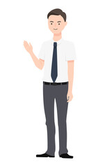 手で案内をしてる人物のイラスト。スーツを着ている男性会社員。