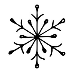 Graceful six-pointed snowflake, hand-drawn in a doodle style.  The snowflake is drawn from six long rays with branches and six smaller rays.  Each beam at the end is shaped like a drop.