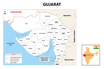 Gujurat map. Political and administrative map of Gujurat with districts name. Showing International and State boundary and district boundary of Gujurat. Vector illustration of vector districts map.