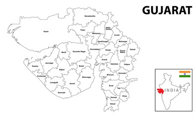 Gujurat map. Political and administrative map of Gujurat with districts name. Showing International and State boundary and district boundary of Gujurat. Vector illustration of vector districts map.
