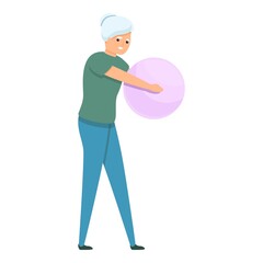 Senior woman with fitness ball icon. Cartoon of senior woman with fitness ball vector icon for web design isolated on white background