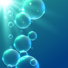 underwater floating bubbles background with sun rays