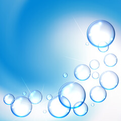 shiny water bubbles background on blue background