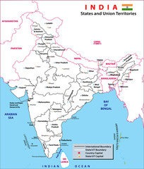 Fototapeta premium India map. Political Map of India. Black and white Outline map vector. Detailed India Map on white Background with states and union territories in India.
