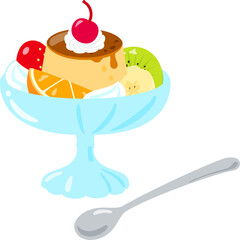 ガラス皿に盛ったプリンアラモード