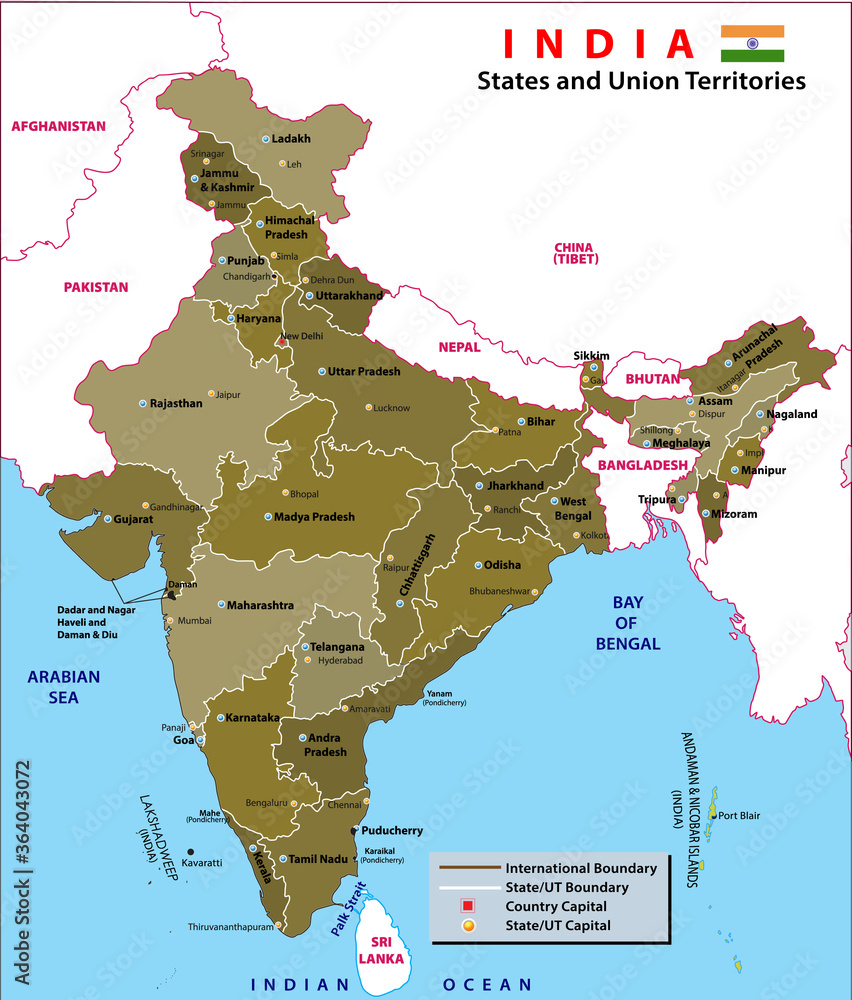 Wall mural india map. political map of india. states and union territories along with their capital cities of i