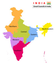 India map. Zones and regions. Administrative map and divisions of India. Sub-national administrative units of India. Zonal Councils and regions of India. Political Map.