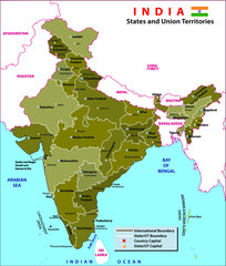India map. Political Map of India. States and union territories along with their capital cities of India. Map with Regions Colored Vector Illustration.  India states and capital new division 2020.