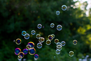 Soap bubbles on a green background. Summer background.