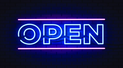 Open neon sign, neon symbol