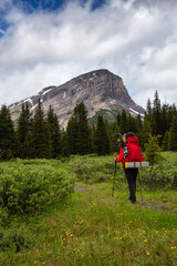 Naklejka premium Female Backpacker Hiking in Canadian Rockies during a cloudy day. Taken near Banff, boarder of British Columbia and Alberta, Canada. Concept: Explore, Adventure, Trekking, Backpacking