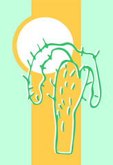 the cactus is drawn with a Doodle line on a colored background. Vector drawing.