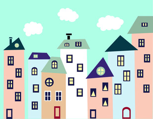 Cartoon vector sityscape district. Silhoette of pastel houses or skyscrapes on cloudy sky. Suburb landscape illustration. 
