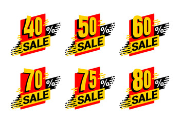 Sale tag  - percentage label for offers - 40, 50, 60, 70, 75 and 80 percents off