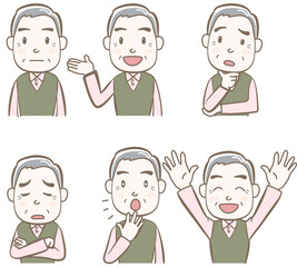 表情や仕草のセット、シニアの男性、私服、A