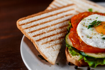 Sandwich club with ham, bacon, tomato stuffing, pickled cucumber, roast egg, cheese, sauce and salad. The sandwich is cut in half into two triangles. Close-up. Dark background.