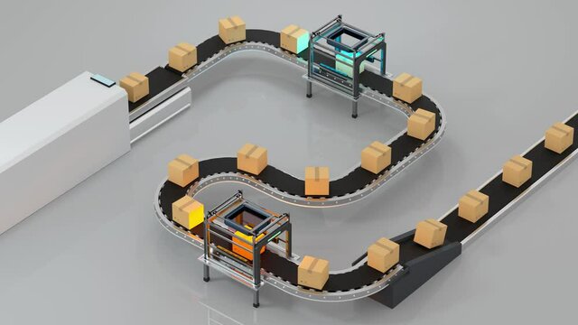 Loop transmitting of packaging box on the conveyor belt, 3d rendering.