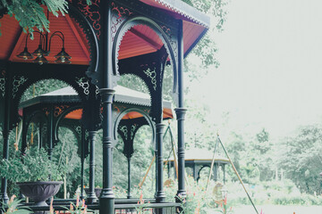gazebo pavilion in garden park. tranquil nature scene