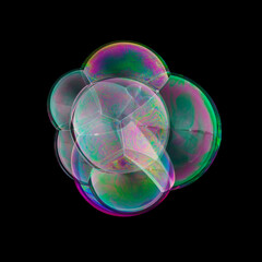 close up of various shapes soap bubble isolated on balck background