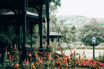 gazebo pavilion in garden park. tranquil nature scene