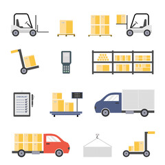 Warehouse with staff, storage building, shelves with goods, unloading cargo. Design elements of warehouse building delivery truck. The concept of a logistics center. Vector illustration flat © ngupakarti