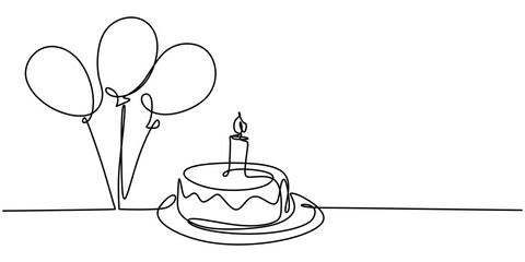 Continuous line drawing of birthday cake. A cake with sweet cream and candle. Celebration birthday party concept isolated on white background. Hand drawn vector design illustration - obrazy, fototapety, plakaty