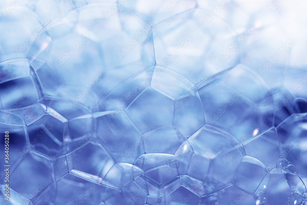 Poster Close up Beautiful blue abstract soap bubbles. Background pattern for design. Macro photography view.
