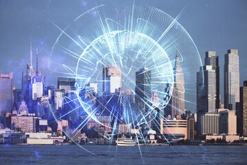 Double exposure of business theme hologram drawing and city veiw background. Concept of success.
