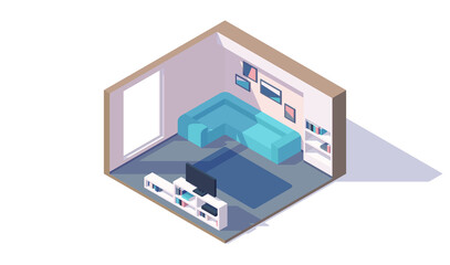 isometric low poly living room interior, tv, couch, bookshelf, window, carpet, picture, vector illustration