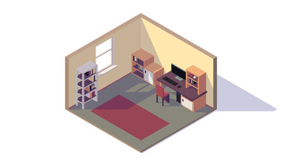 isometric low poly room interior, workspace, window, desk, computer, rack, locker, chair, vector illustration