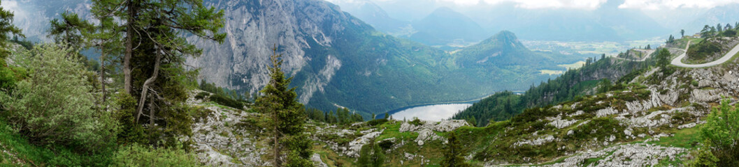 Fototapeta na wymiar Panoramic view from Loser peak over Altaussee lake in Dead Mountains (Totes Gebirge). Austria