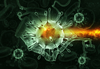 Microscopic view of virus cells. 3d illustrtion.