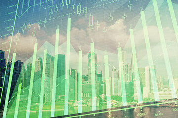 Forex chart on cityscape with skyscrapers wallpaper multi exposure. Financial research concept.