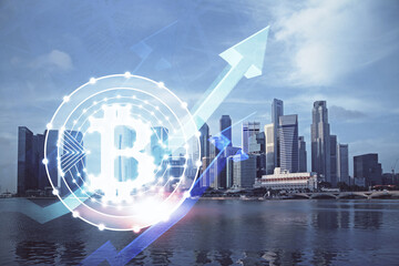 Multi exposure of cryptocurrency theme hologram drawing and city veiw background. Concept of...