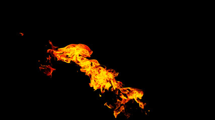 Fire flames on black background isolated. Burning gas or gasoline burns with fire and flames. Flaming burning sparks close-up, fire patterns. Infernal glow of fire in the dark with copy-space