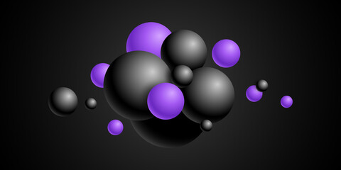 Abstract background balls 3D. Background with realistic balls. Vector illustration with levitating bubbles. Horizontal black banner.