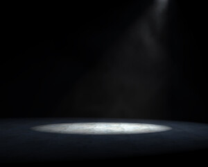 Product Showcase Background. Dark Space with Spotlight and Light Smoke or Fog. Empty Space on Concrete Floor. 3D Render.