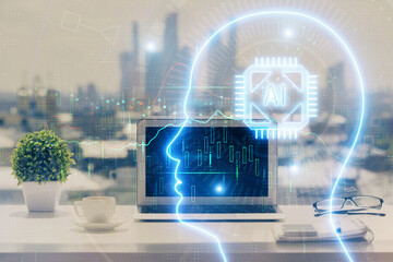 Double exposure of desktop with computer and brain drawing hologram. Artificial intelligence...