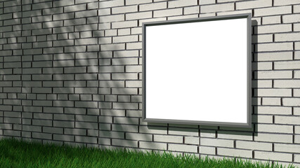 An empty frame on a brick wall with tree shadows. Blank poster template. 3D rendering.