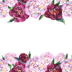 Abstract romantic watercolor background with burgundy peonies