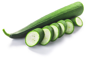 Fresh immature Luffa (Luffa acutangula  pepo fruit), partially sliced, isolated w clipping paths