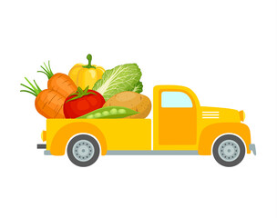 Pickup truck with vegetables. Delivery of fresh organic food from the farm. Vector illustration in flat style isolated on white background. Delivery service advertising template. © Ansty art